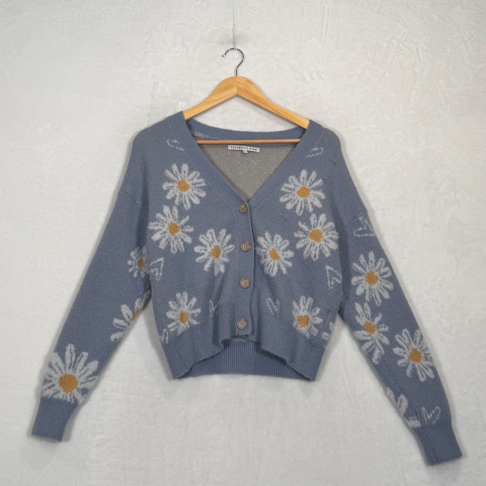 Celebrity Pink Blue Daisy Floral Button Front Cardigan Sweater XS